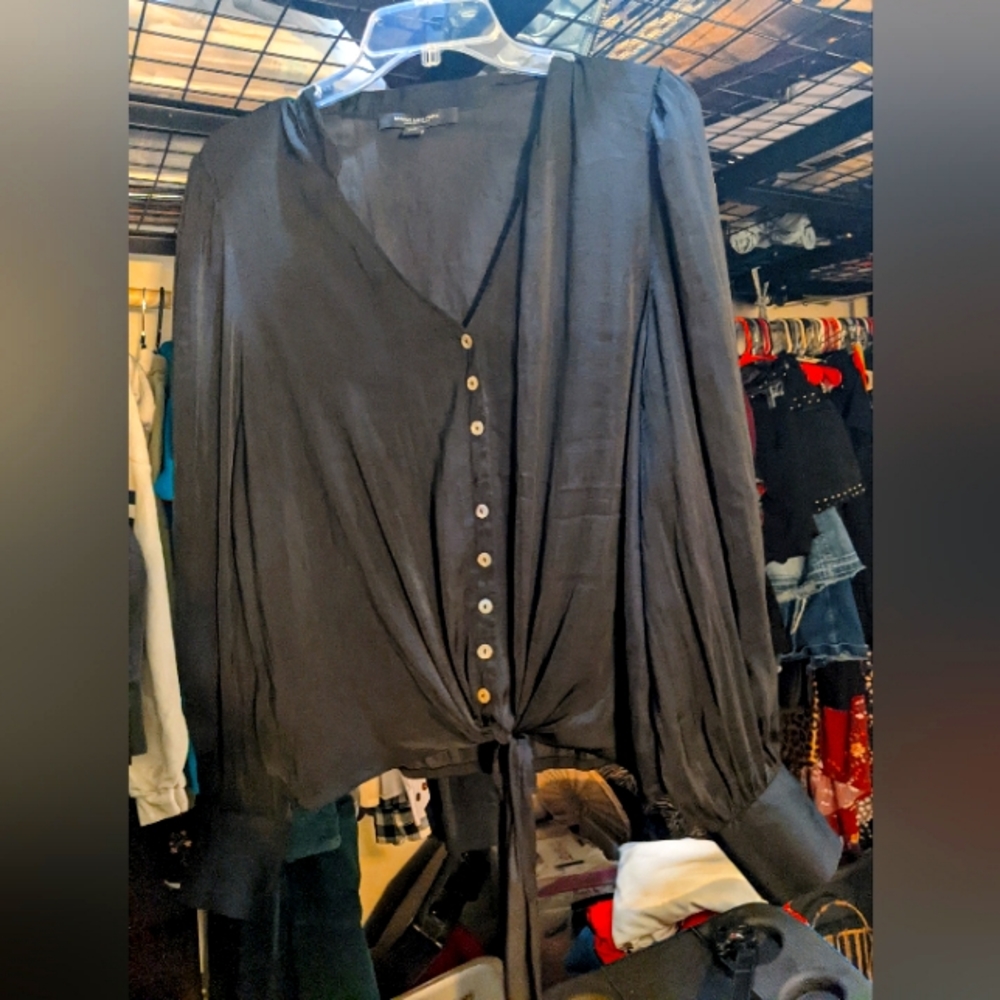 Andrew Marc Black Long Sleeve Button Down Tie Hem Top